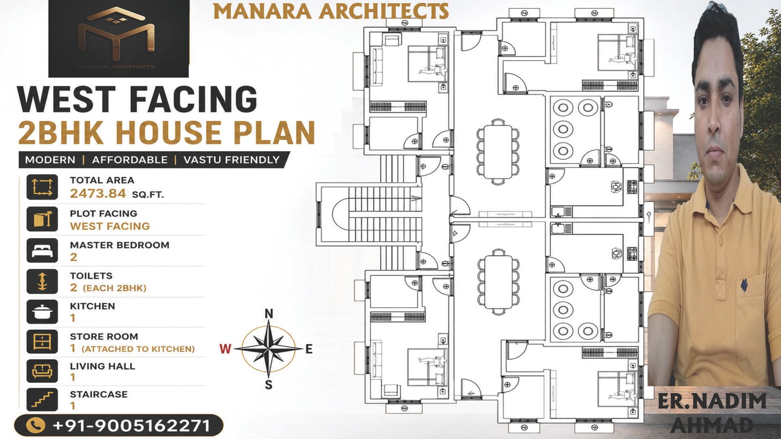 2BHK house plan with 2 bedrooms, kitchen, living room, bathroom and modern floor layout design