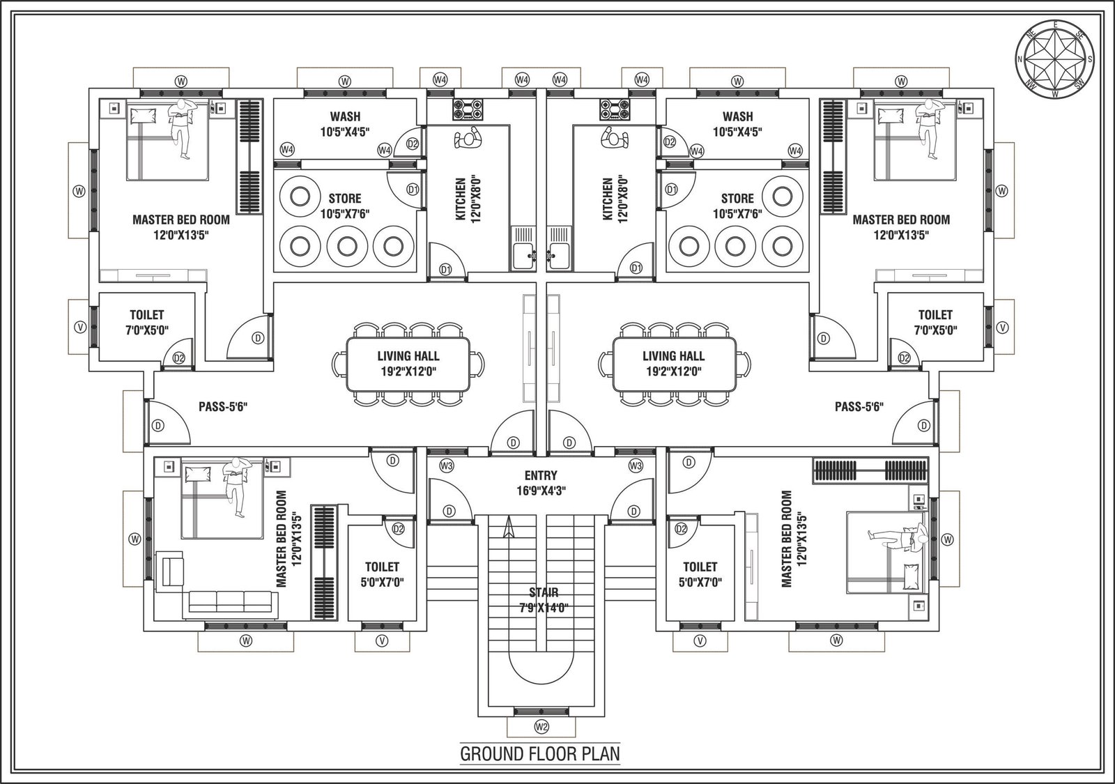 West facing 2BHK ground floor plan with 2 bedrooms, kitchen, living room, bathroom and smart layout design