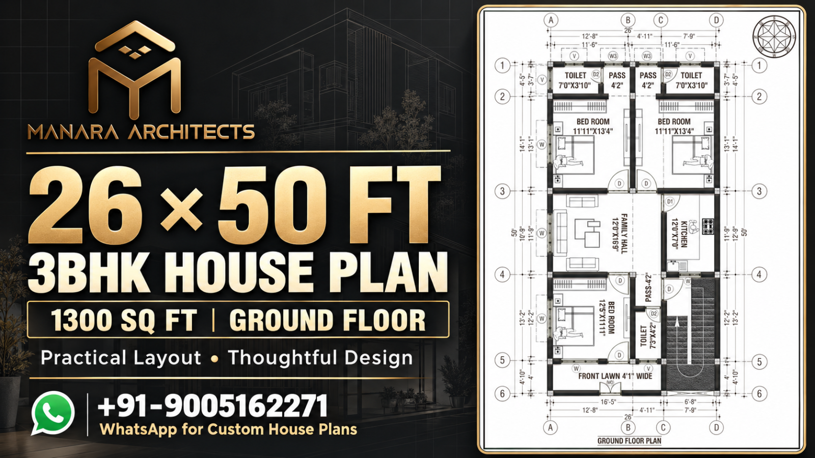 26x50 House Plan DWG – 3BHK 1300 Sq Ft