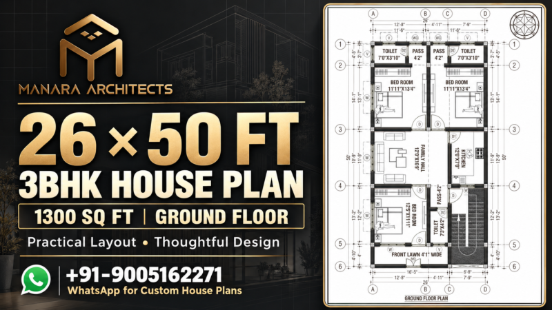 26x50 House Plan DWG – 3BHK 1300 Sq Ft