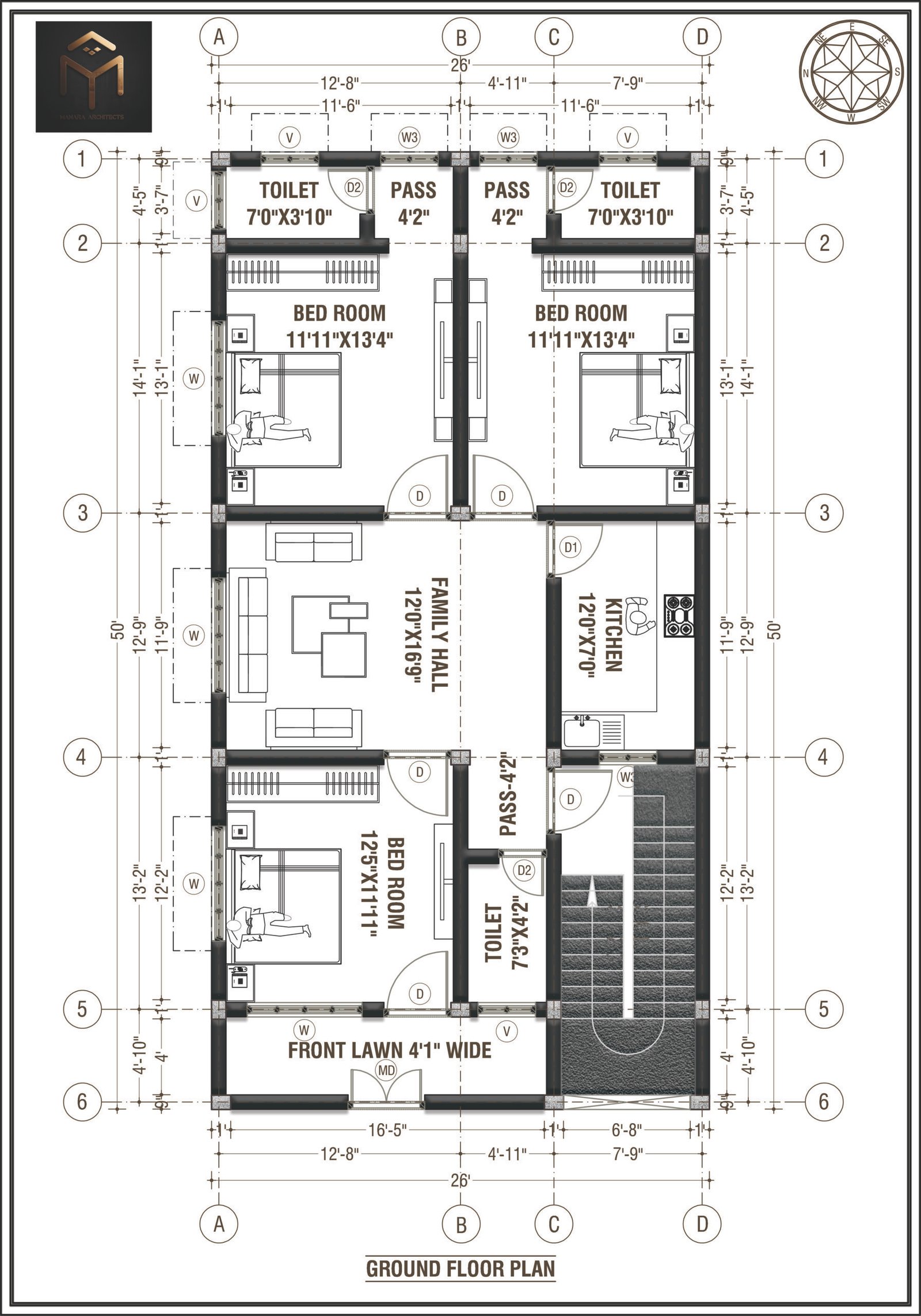 26x50 house plan 3BHK for 1300 sq ft plot